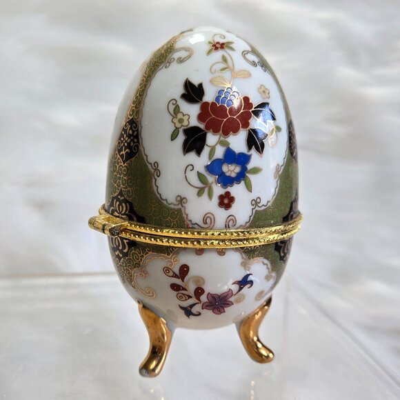 Porcelain Egg Shaped Trinket Box Floral Design Green Scroll 4"T - Picture 4 of 9